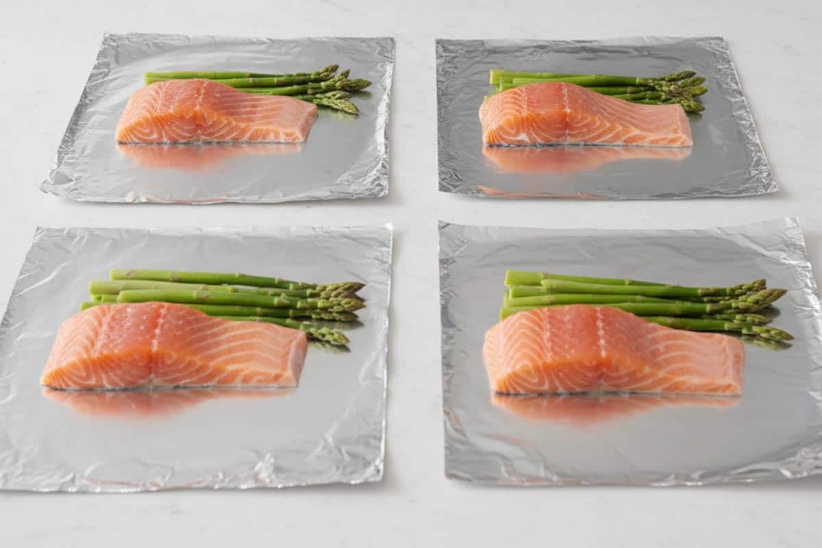 Arranged the salmon and asparagus in the center of the foil.