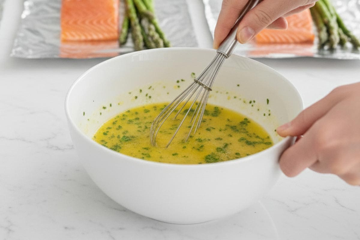 Whisked together the melted butter, lemon juice, garlic, and parsley in a bowl.
