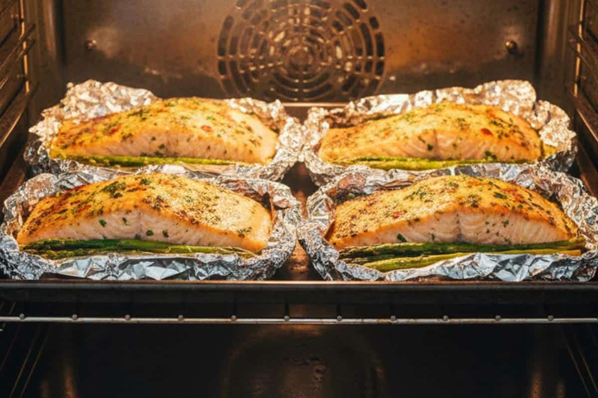 Baking the salmon and asparagus in the oven.