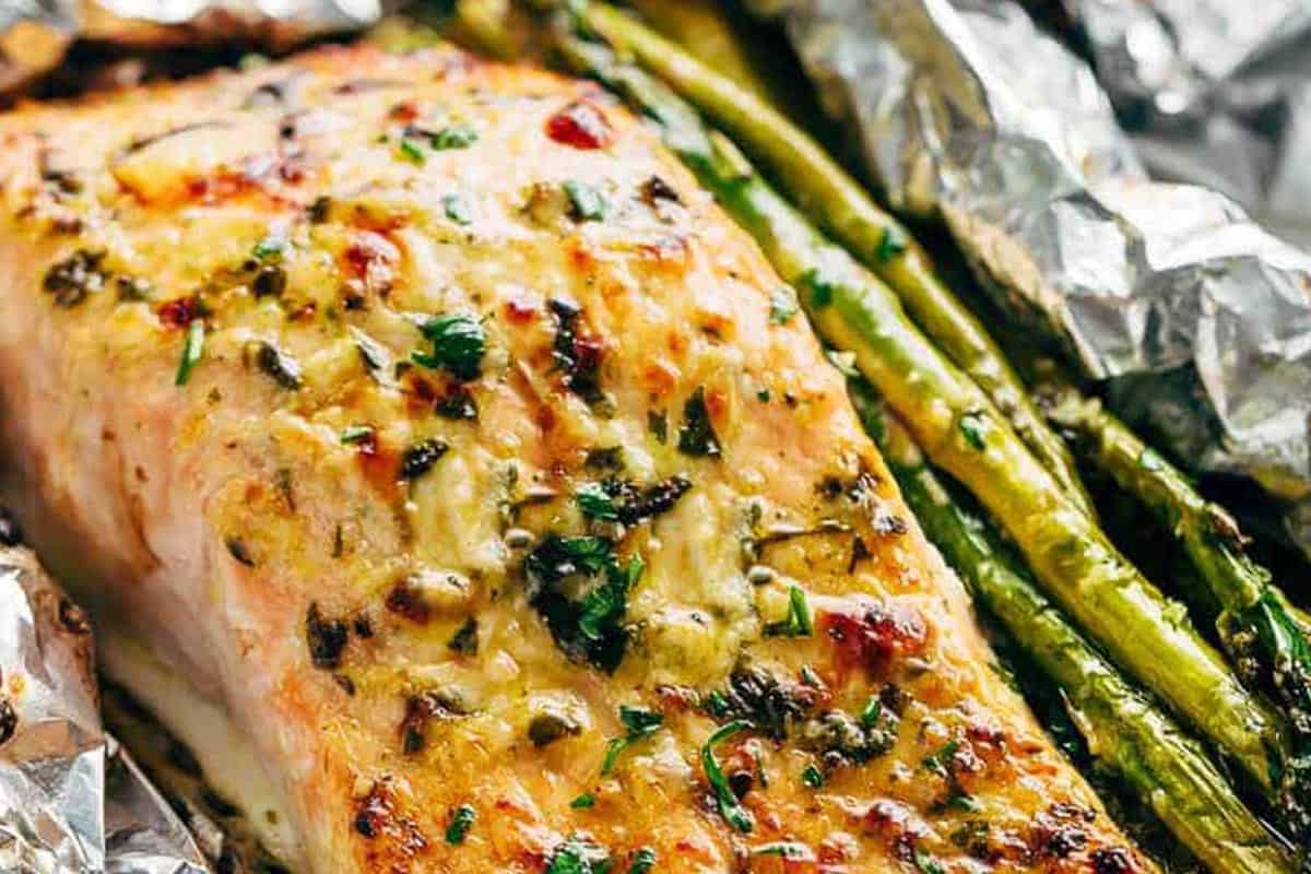 Close-up shot of Lemon Salmon With Asparagus.