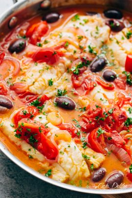 Pan Seared Fish With Tomatoes & Olives - Cafe Delites