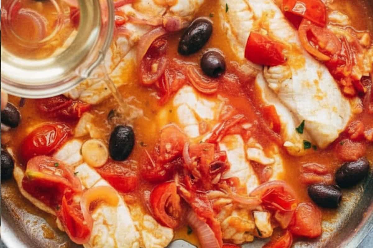 Added the tomatoes, olives, lemon juice and white wine in the pan.