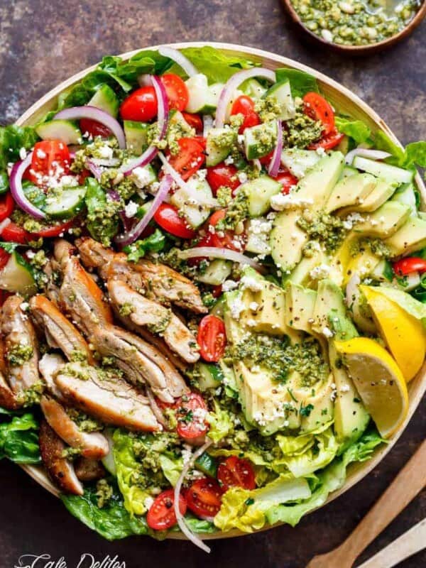Pesto Grilled Chicken Avocado Salad using a pesto dressing to double as a marinade!