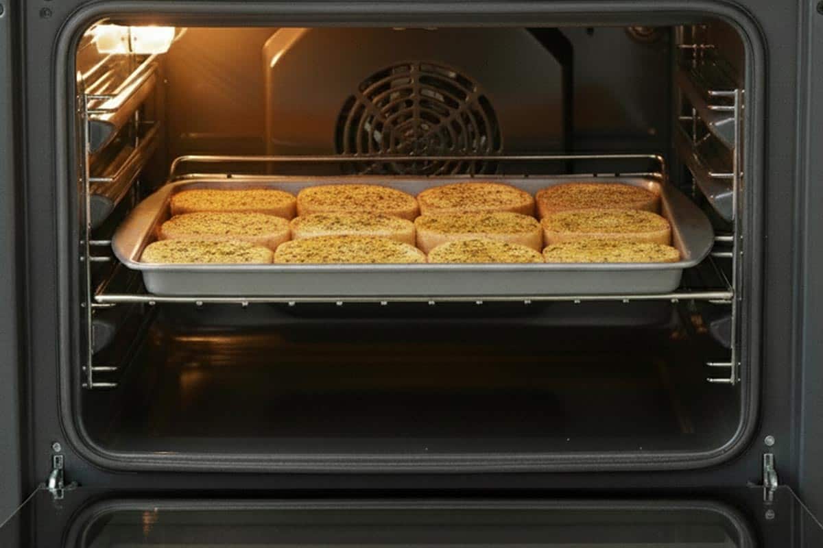 Toasting the bread in the oven.