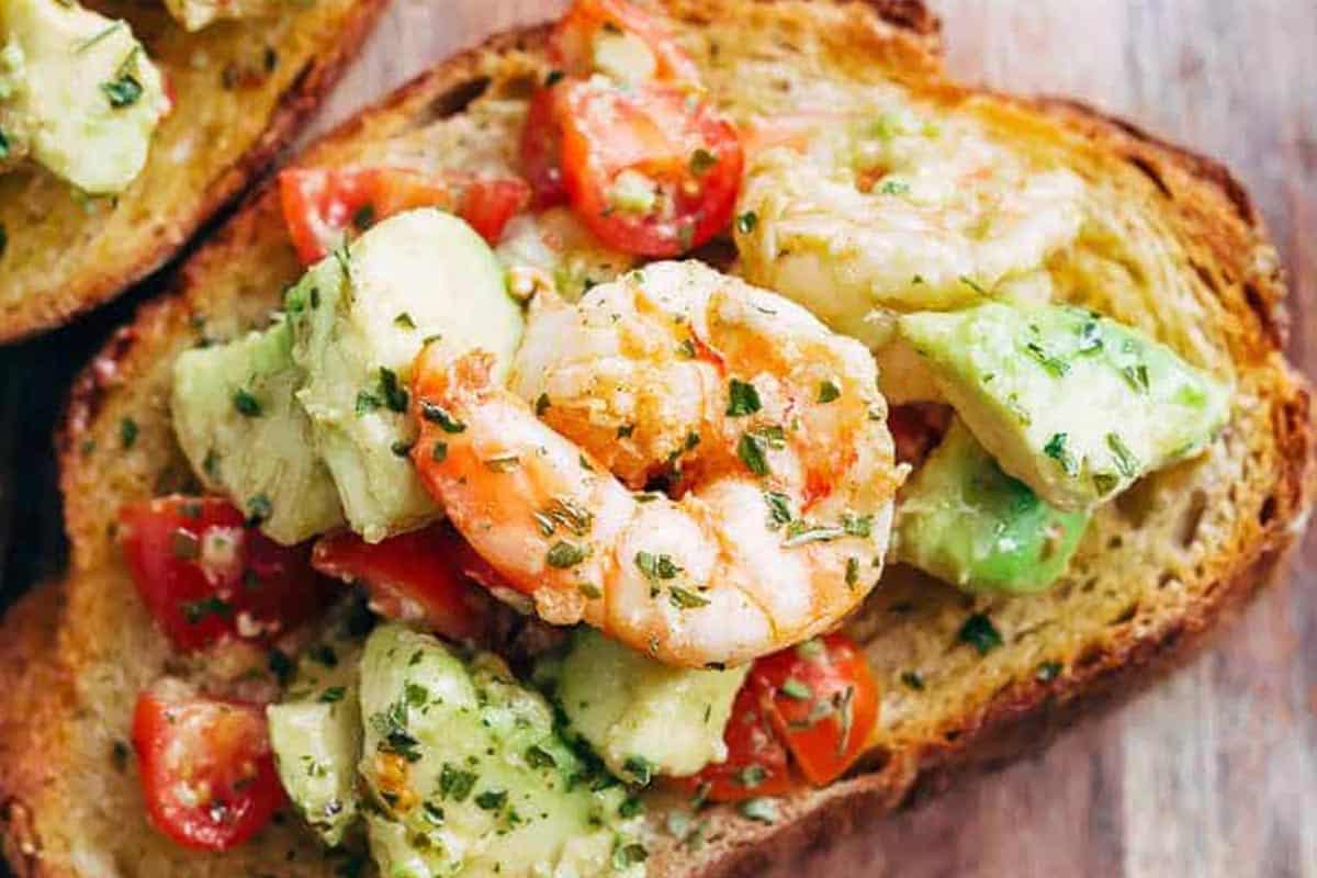 Close-up shot of Shrimp Avocado Garlic Bread.