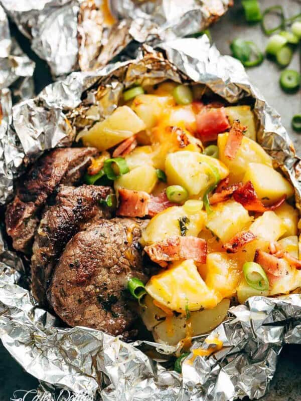 Top view of Steak & Cheesy Bacon Potato Hash Foil Packs