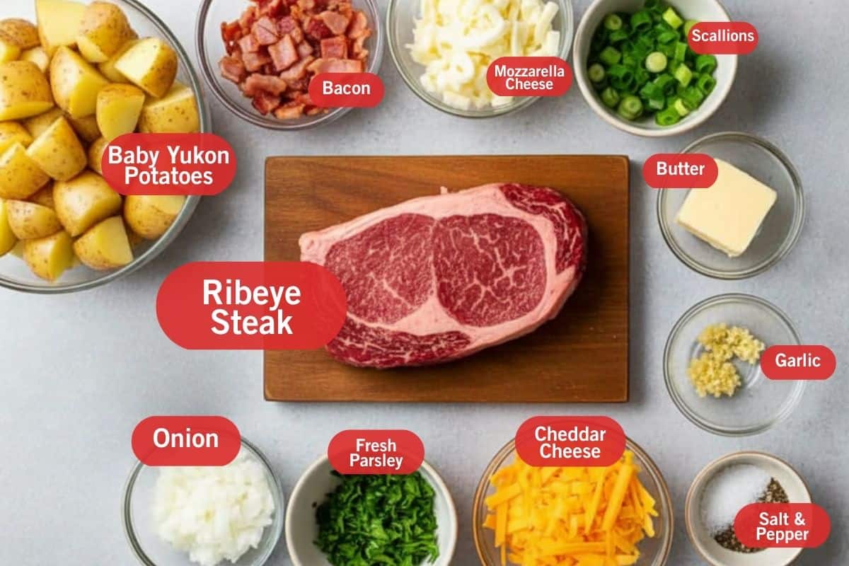 Flat lay photo of ingredient shot of baby yukon, bacon, mozzarella cheese, scallions, butter, rib eye steak, onion, fresh parsley, cheddar cheese, salt and pepper. garlic