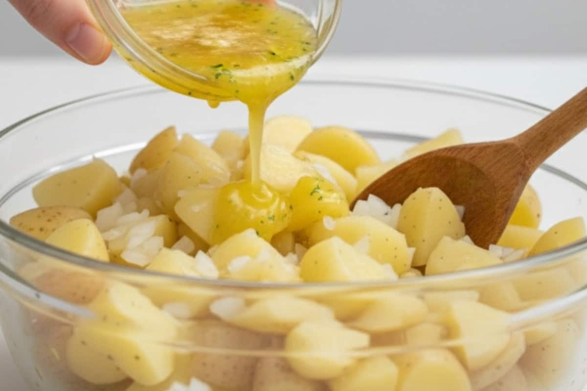 In a bowl, mix the potatoes with the diced onion and pour over the melted garlic butter. Stir well to coat every piece