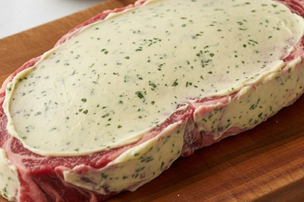 Spread the remaining softened garlic butter over the steak to cover all sides generously.
