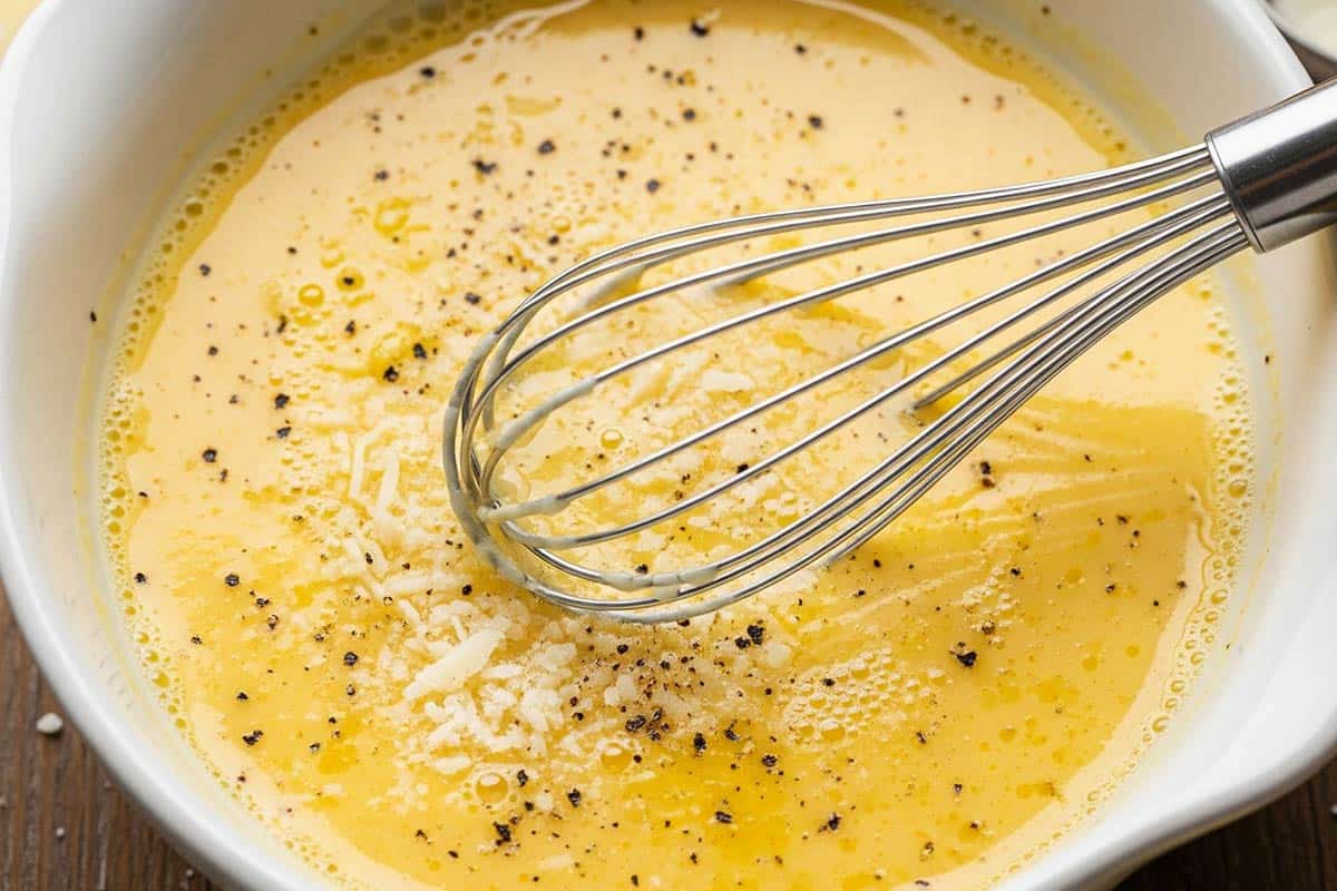 whisked together the eggs, parmesan cheese, 2 tablespoons of lemon juice, a pinch of salt, and some black pepper in a shallow bowl.