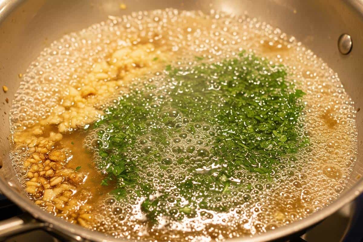 sautéed garlic with wine, broth, and chopped parsley in a pan.