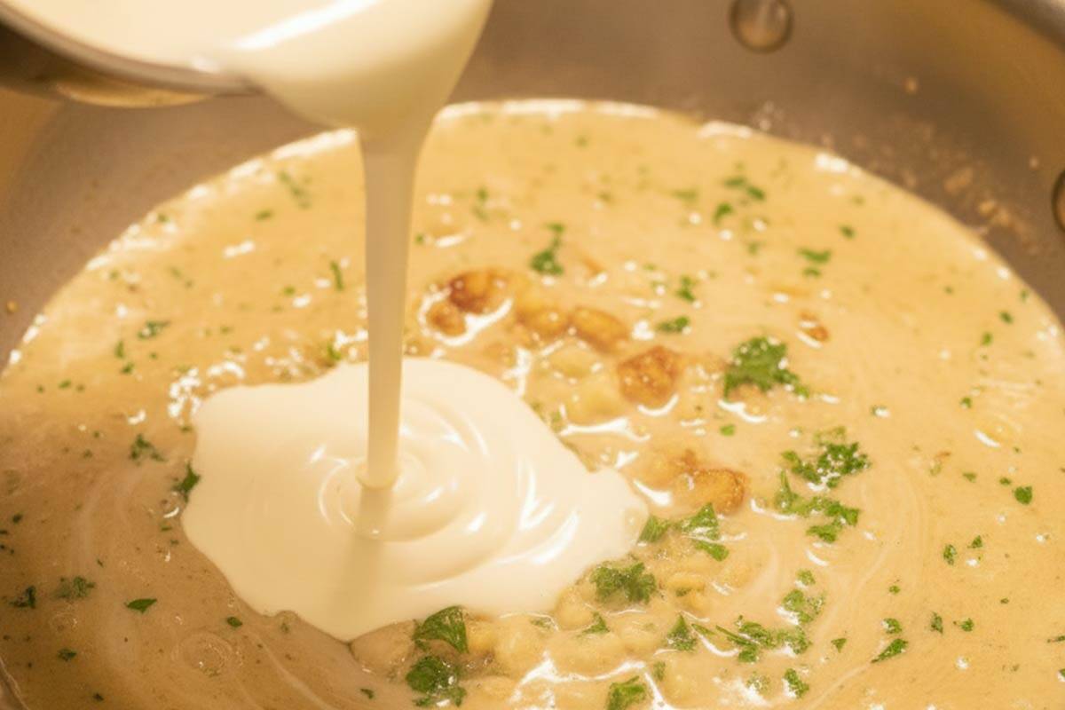 Puring the cream, and letting it simmer.
