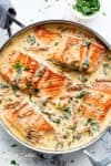 Creamy Garlic Butter Tuscan Salmon (OR TROUT) is such an incredible recipe! Restaurant quality salmon in a beautiful creamy Tuscan sauce! | https://cafedelites.com