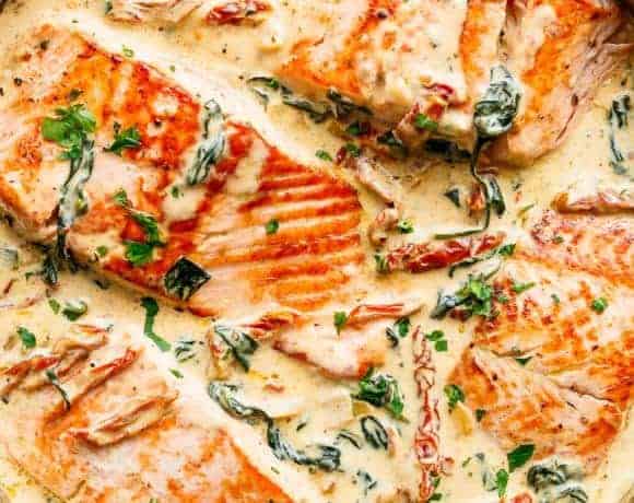 Creamy Garlic Butter Tuscan Salmon in a pot