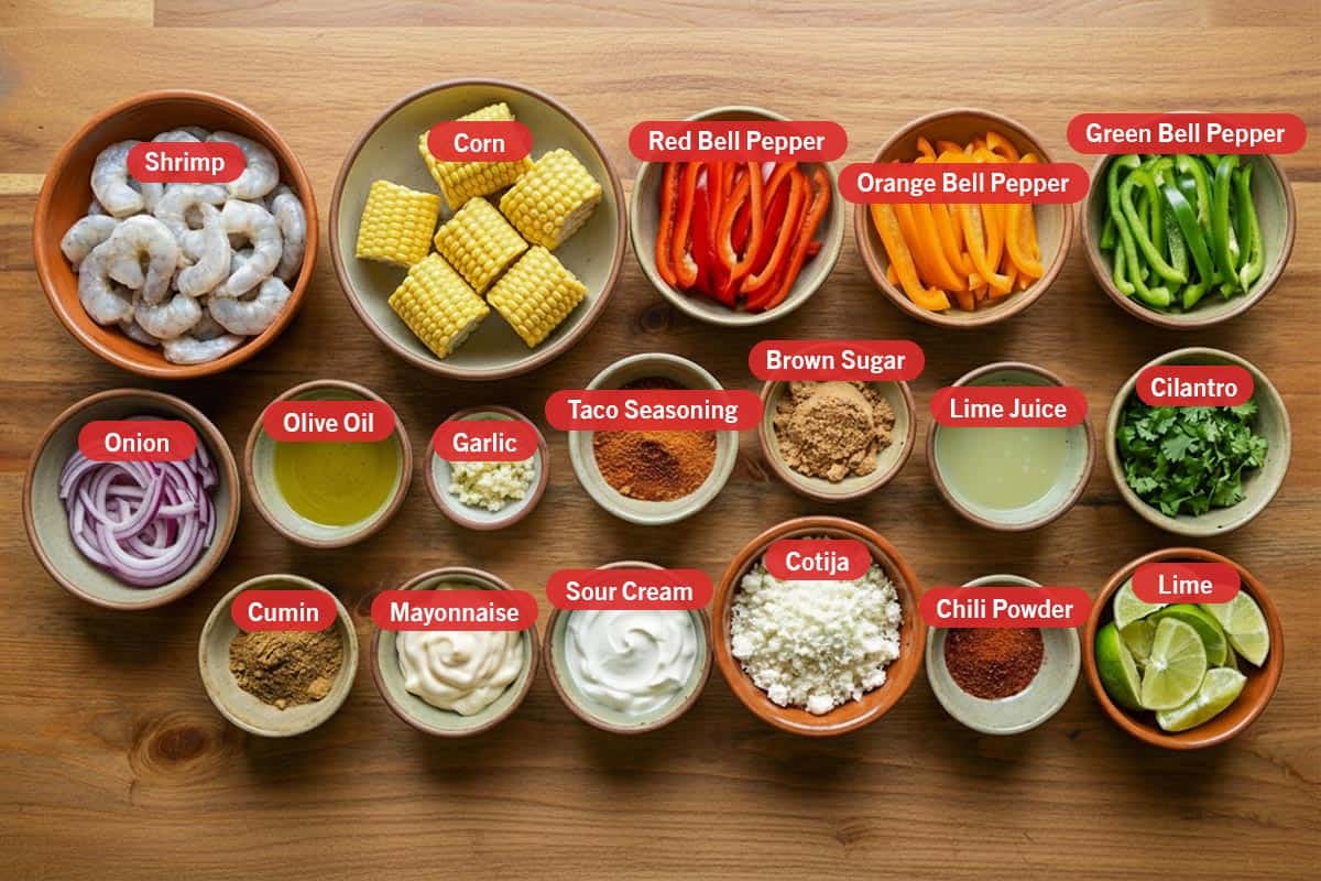 Top shot of ingredients: shrimp, corn, red bell pepper, orange bell pepper, green bell pepper, onion, olive oil, garlic, taco seasoning, brown sugar, lime juice, cilantro, cumin, mayonnaise, sour cream, cotija, chili powder, lime.