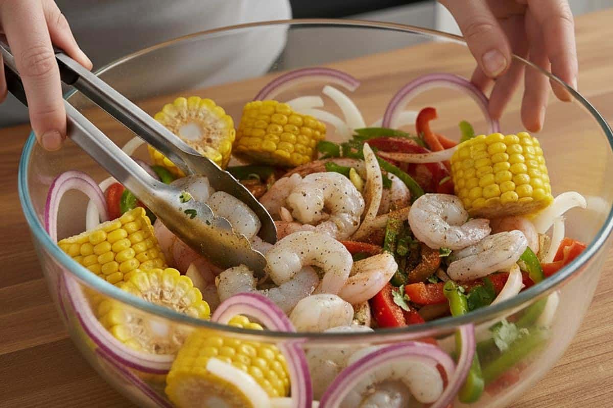 Combined shrimp, corn, peppers, and onions, oil, garlic, taco seasoning, sugar, lime juice, cilantro, and cumin in a bowl.