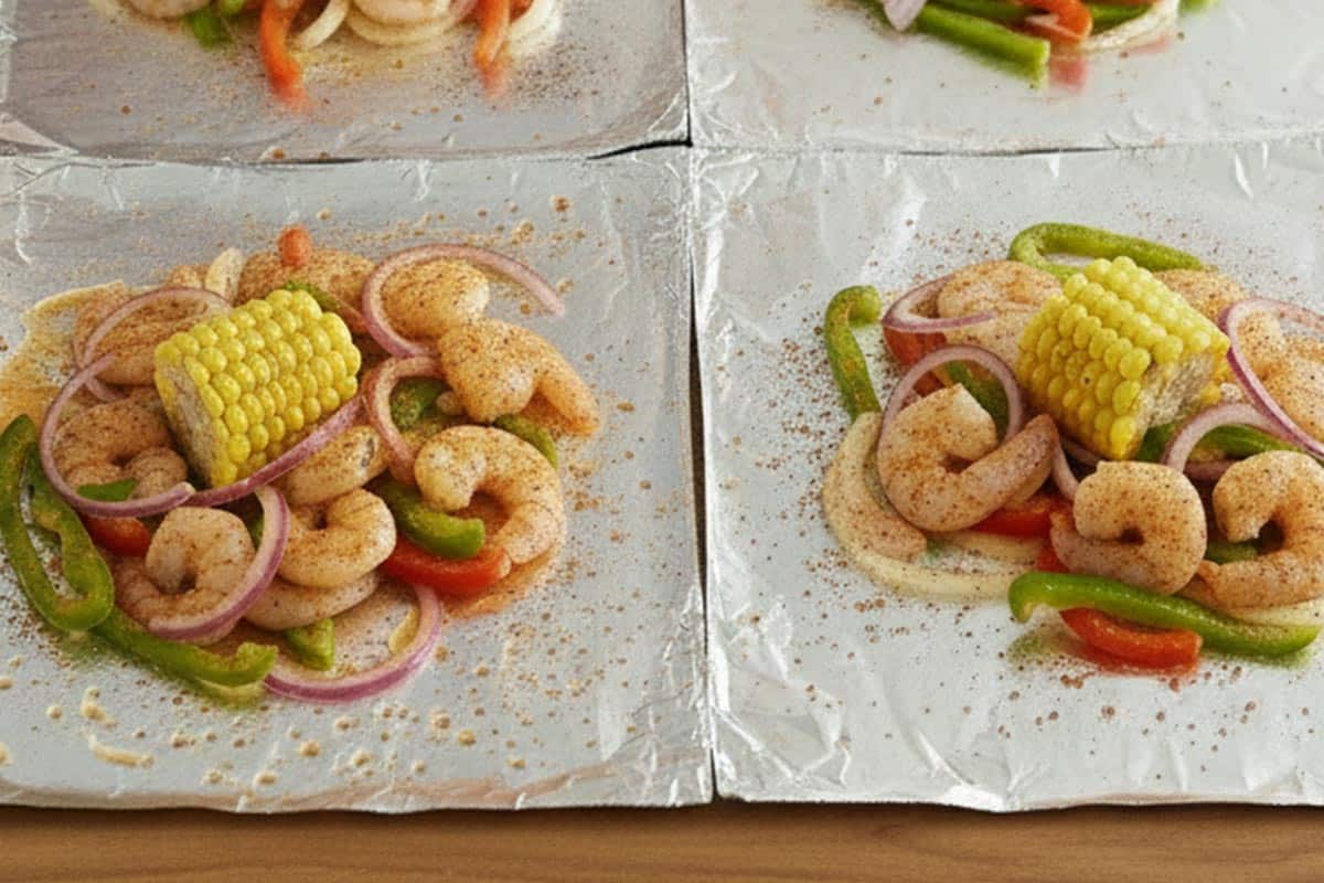 Divided the shrimp mixture among the foil sheets.