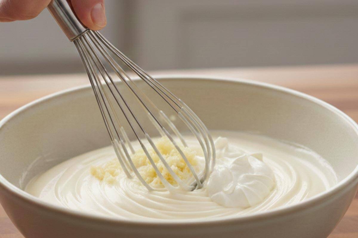 Stirring together the mayonnaise, sour cream, and garlic.