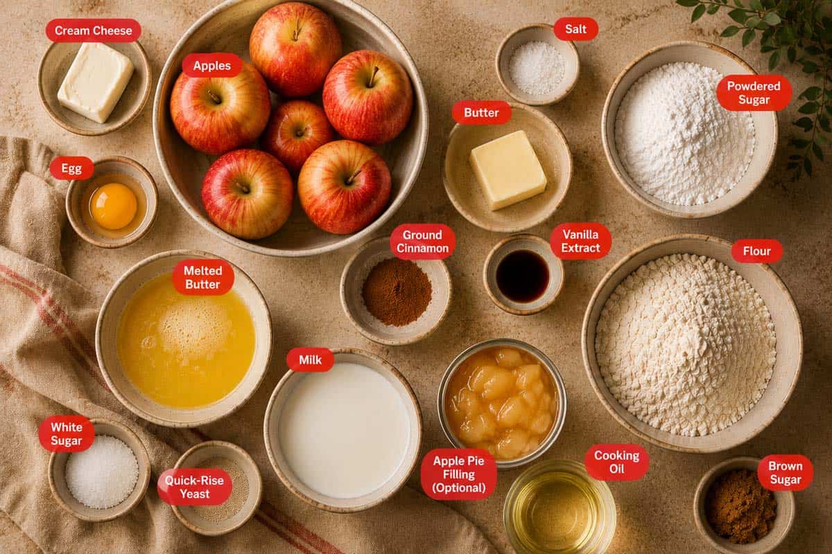 Flat lay photo of ingredient shot of cream cheese, apples, salt, powdered sugar, egg, melted butter, ground cinnamon, vanilla extract, flour, brown sugar, cooking oil, milk quick rise yeast, white sugar,