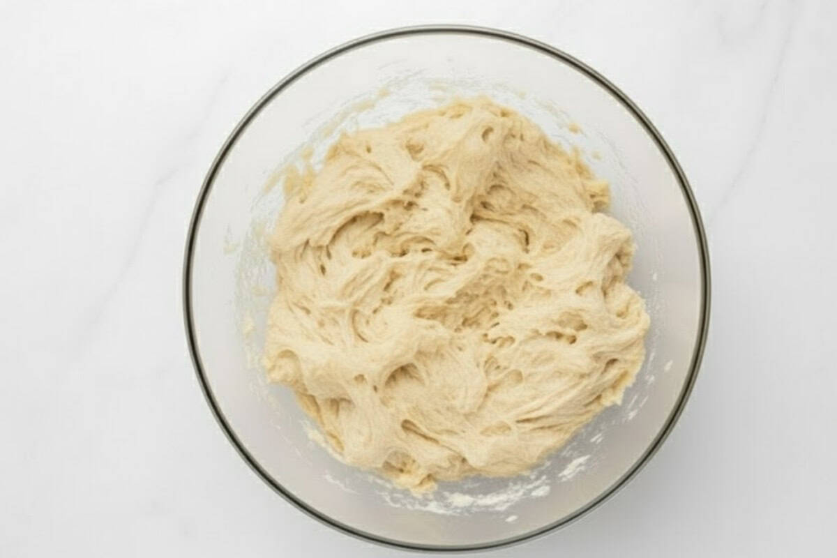 Add the whisked egg, the remaining sugar, salt, and exactly 3 ½ cups of flour to the yeast mixture. 