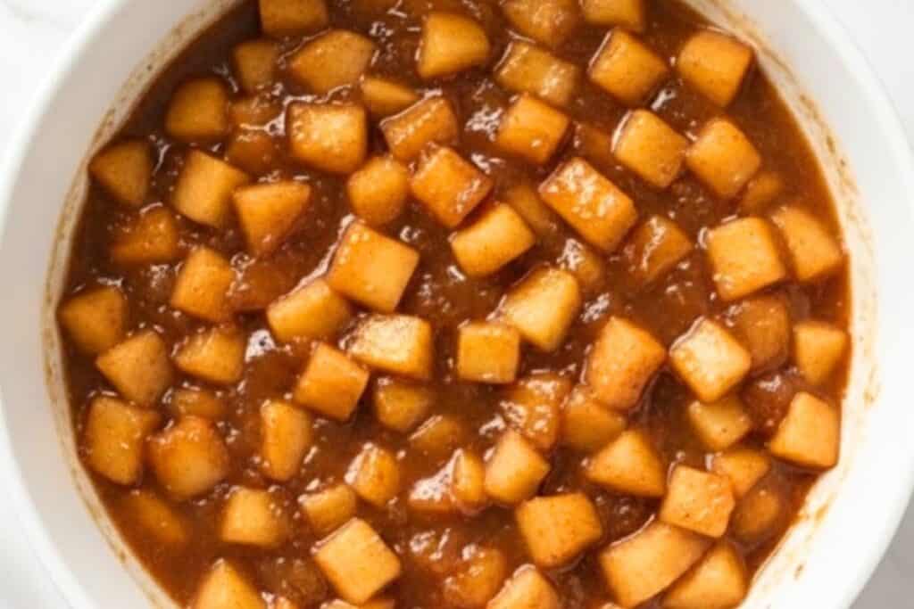 Dice the apples from the canned filling into small cubes, or make your own apple pie filling using fresh apples, sugar, butter, cinnamon, and vanilla