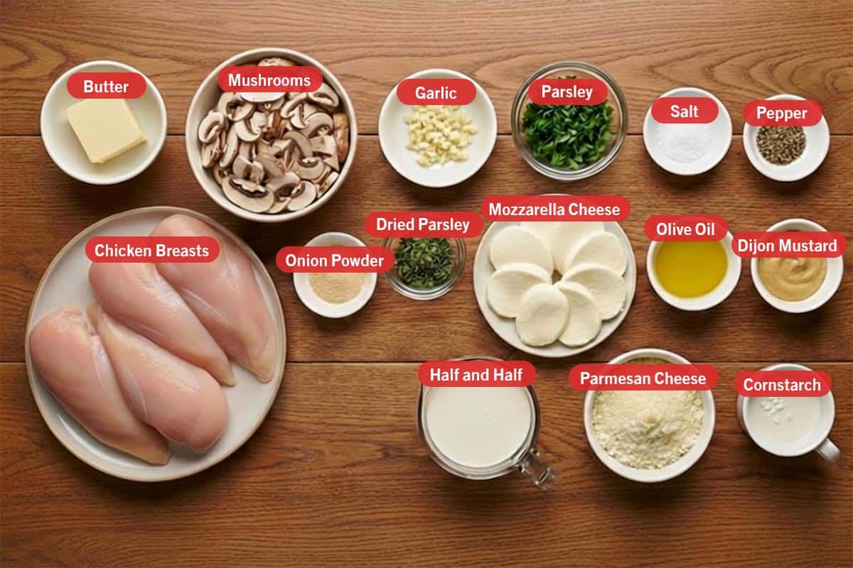 Top shot of ingredients: butter, mushrooms, garlic, parsley, salt, pepper, chicken breasts, onion powder, dried parsley, mozzarella cheese, olive oil, Dijon mustard, half and half, parmesan cheese, and cornstarch. - 2