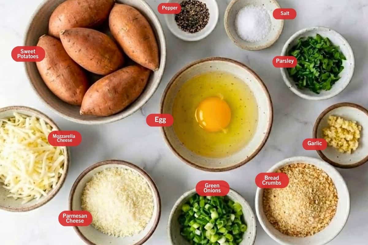 Flat lay photo of ingredient shot of sweet potatoes, pepper, salt, parsley, garlic, bread crumbs, green onions, parmesan cheese, mozzarella cheese
