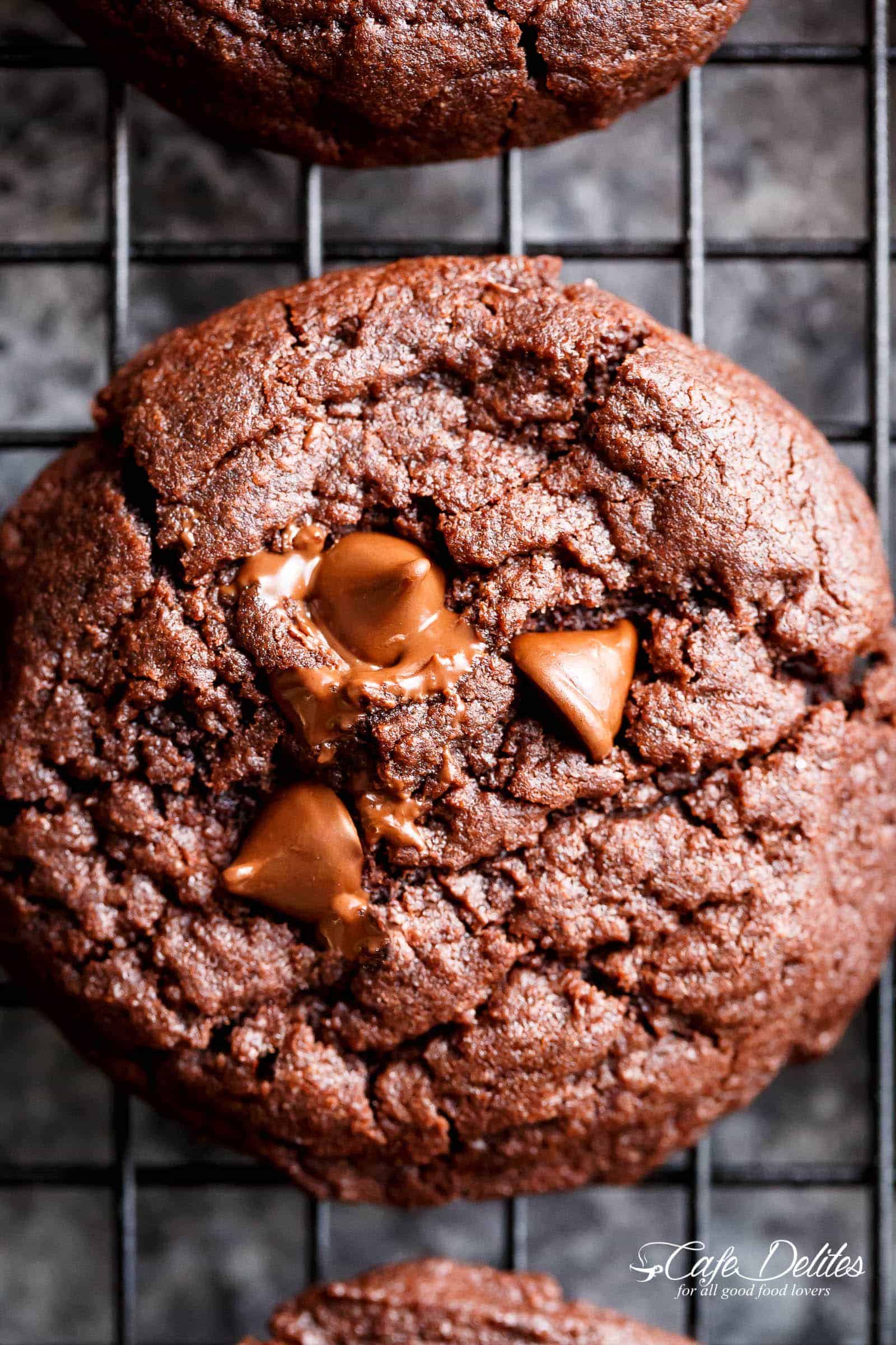 Close up of chocolate brownie cookie with meting chocolate chips on top. 