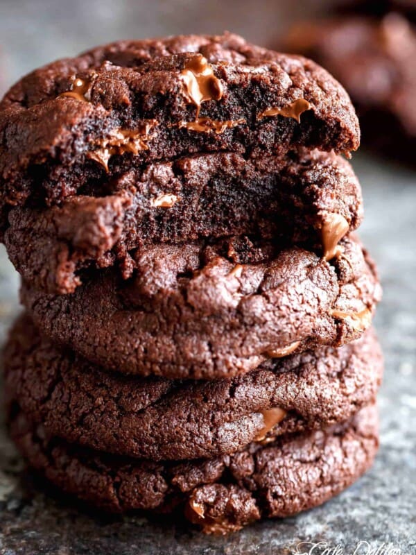 Side view of Best Fudgy Chocolate Brownie Cookies stacked on each other