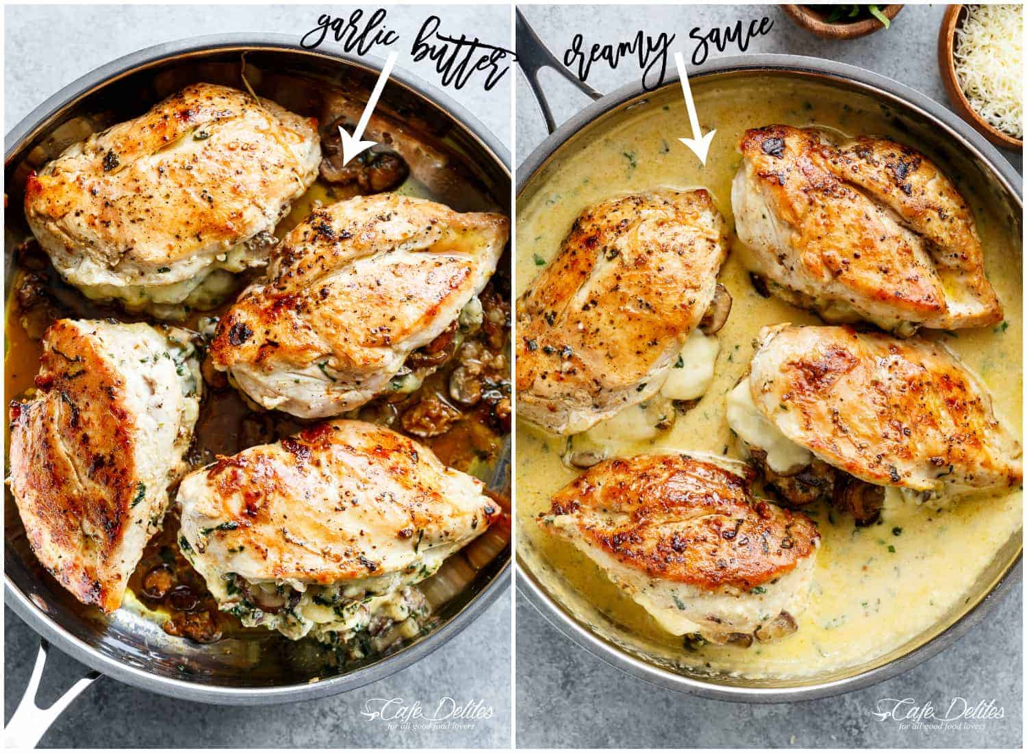 An image showing two different options for stuffed chicken in silver frying pan. Option one with no cream sauce, just pan juices in the pan. Option two shows cream sauce in the pan.