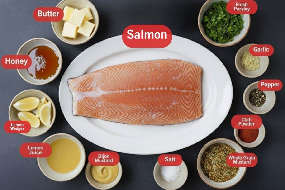 Flat lay photo of ingredient shot, of butter, salmon, fresh parsley, garlic, pepper, chili powder, whole grain mustard, salt, dijon mustard, lemon juice, lemon wedges, honey