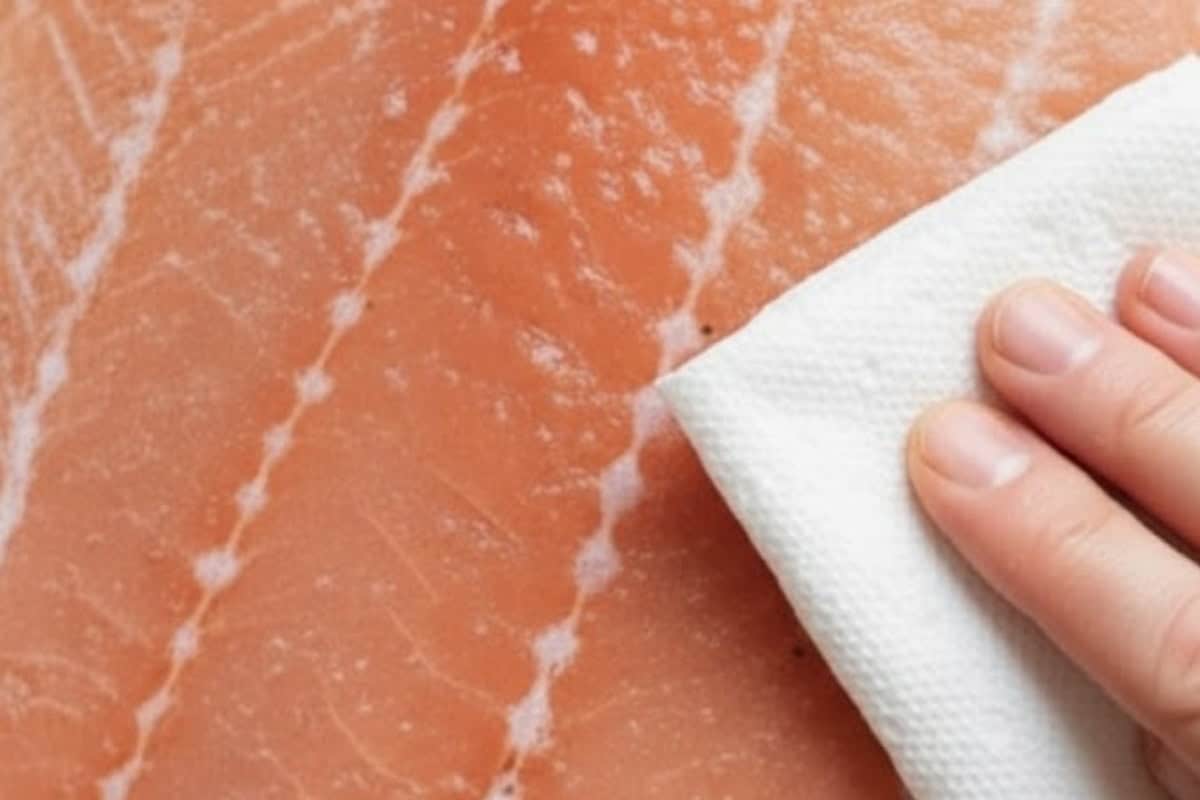 Place the 2 1/2 pound side of salmon on the lined tray, skin side down, and pat it dry.