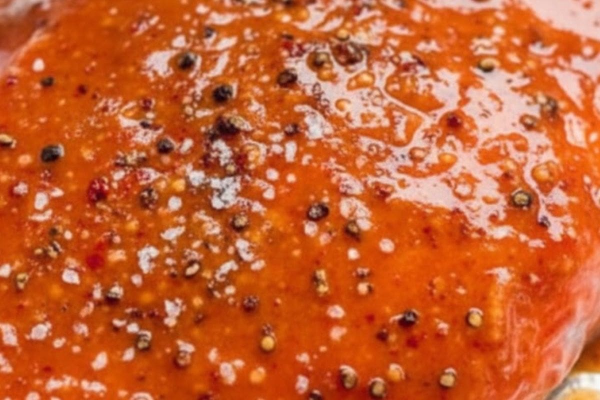 Pour the warm sauce over the salmon and brush to coat evenly from end to end. Sprinkle with a generous pinch of salt and cracked pepper.