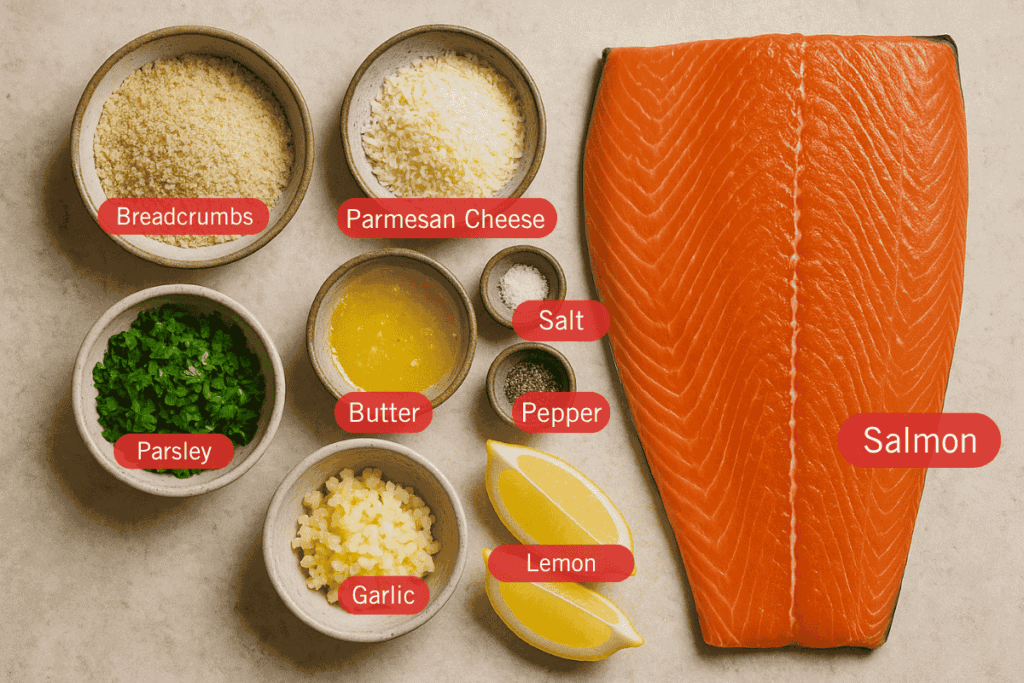 Labeled flatlay of salmon with bowls of breadcrumbs, parmesan, parsley, butter, garlic, salt, pepper, and lemon wedges on a light surface.