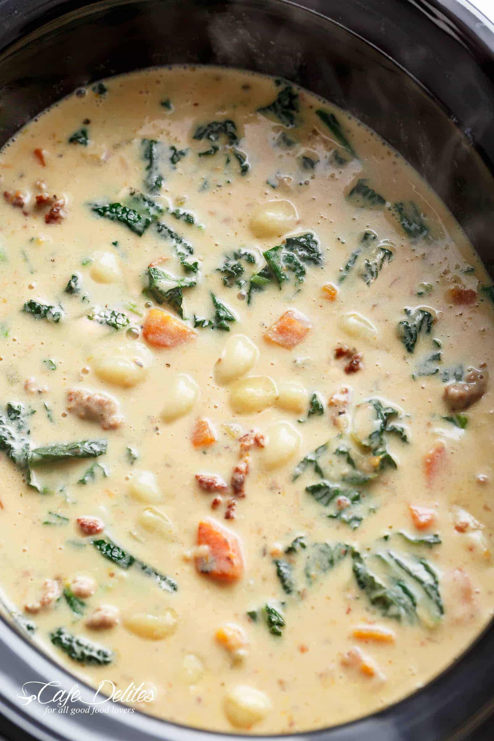 Slow Cooker Creamy Gnocchi Sausage Kale Soup (Lightened Up 