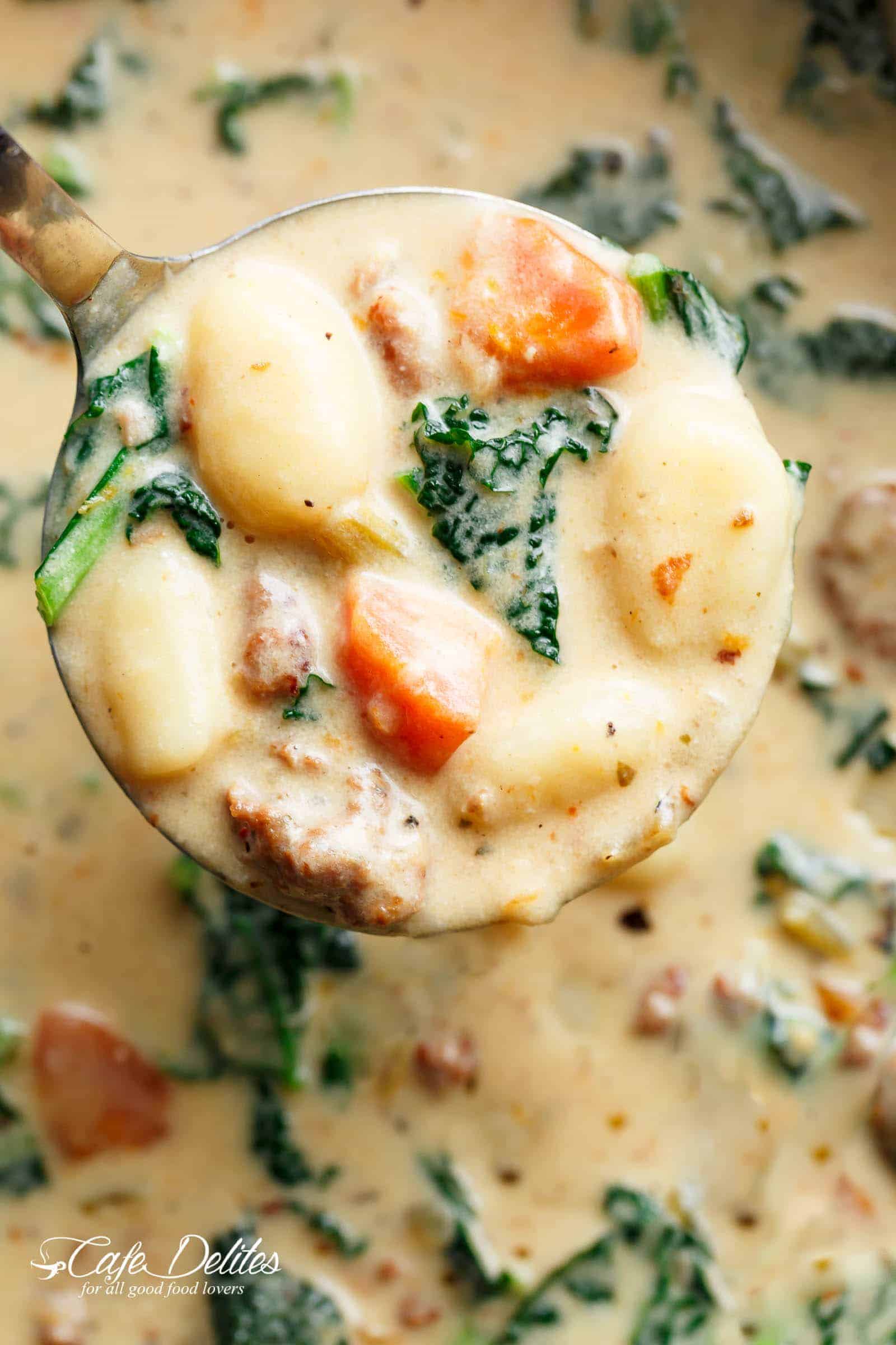 Slow Cooker Creamy Gnocchi Sausage Kale Soup is thick and creamy comfort in a bowl Slow Cooker Creamy Gnocchi Sausage Kale Soup (Lightened Up)