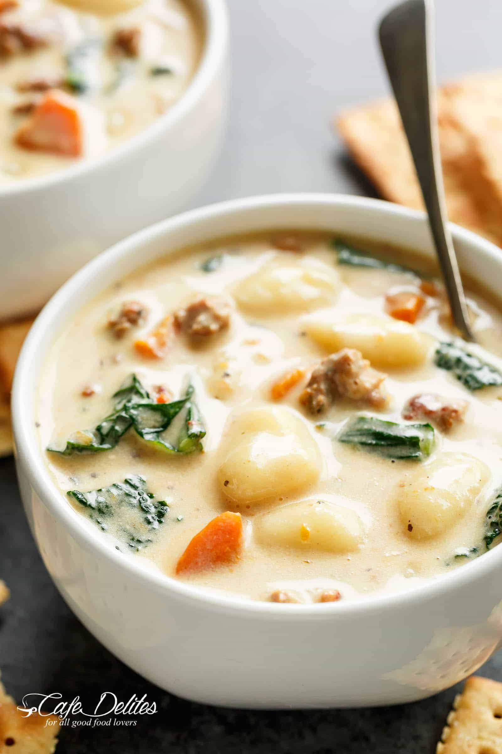 Slow Cooker Creamy Gnocchi Sausage Kale Soup is comfort in a bowl! Almost like a Zuppa Toscana with low fat options and full fat flavours! | cafedelites.com