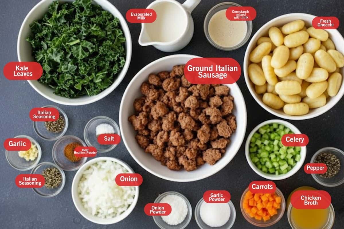 Flat lay photo of ingredient shot of kale leaves, evaporated milk, cornstarch mixed ewith milk. fresh gnocchi, celery, pepper, chicken broth, carrots, garlic powder, onion powder, onion, salt, beef bouillon powder, Italian seasoning, garlic - 2
