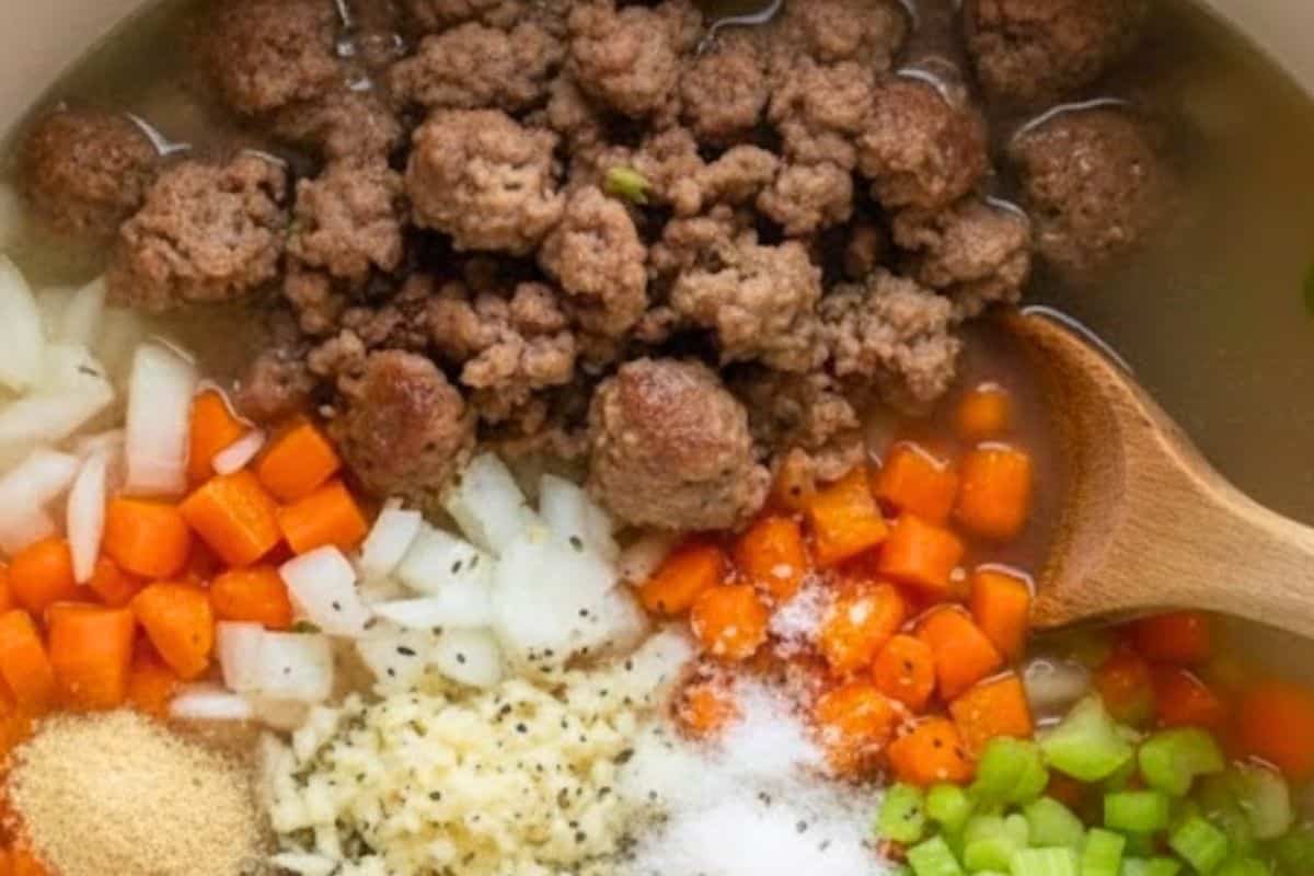 Combine the browned sausage, onion, carrots, celery, garlic, chicken broth, Italian seasoning, Vegeta or bouillon, onion powder, garlic powder, salt, and pepper in your slow cooker. - 3