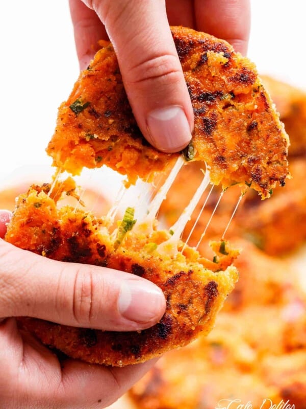 Cheesy Mashed Sweet Potato Cakes are Cheesy on the inside, so crispy on the outside, and so easy to make!