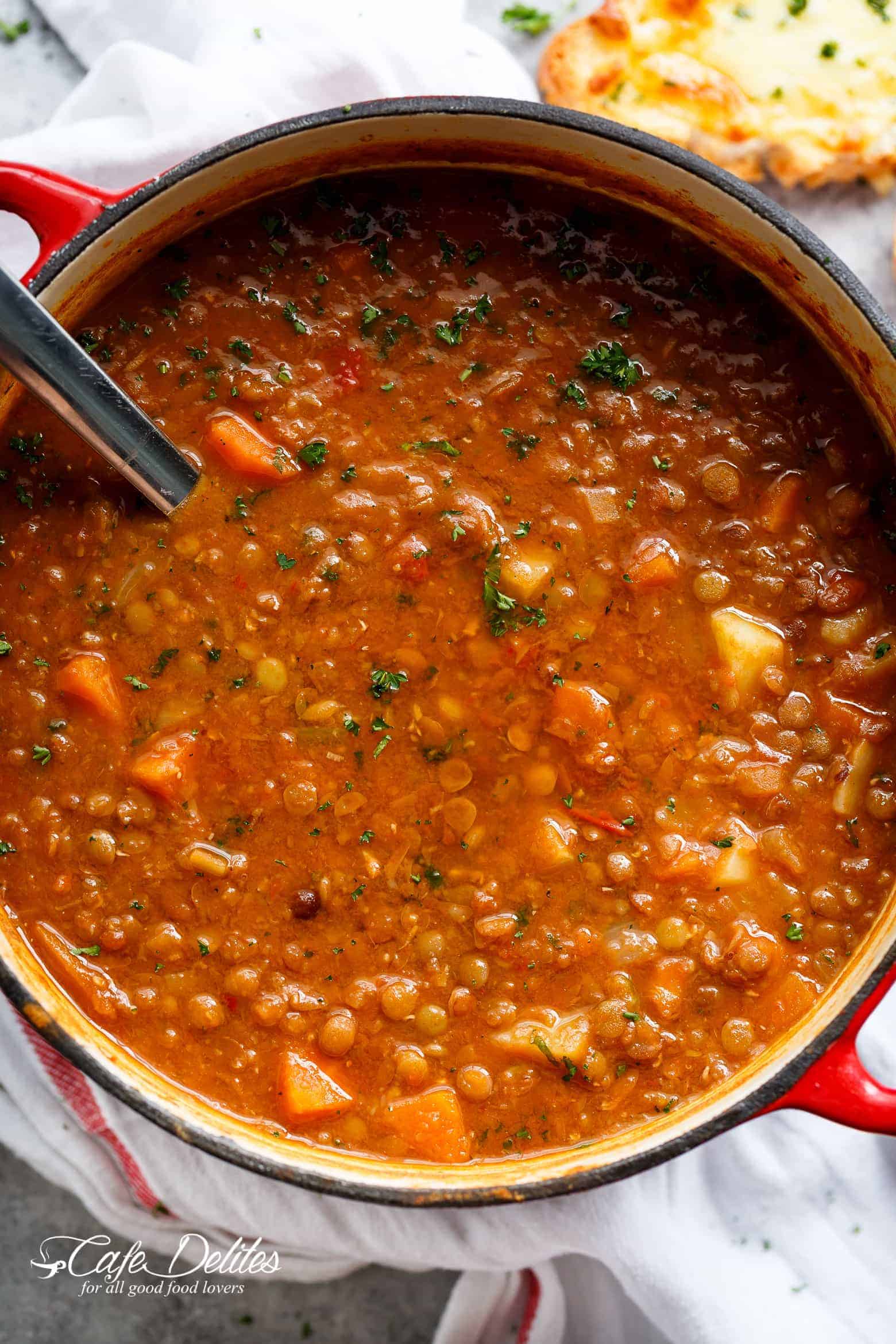 The BEST lentil soup recipe is naturally thick and loaded with healthy veggies! | cafedelites.com