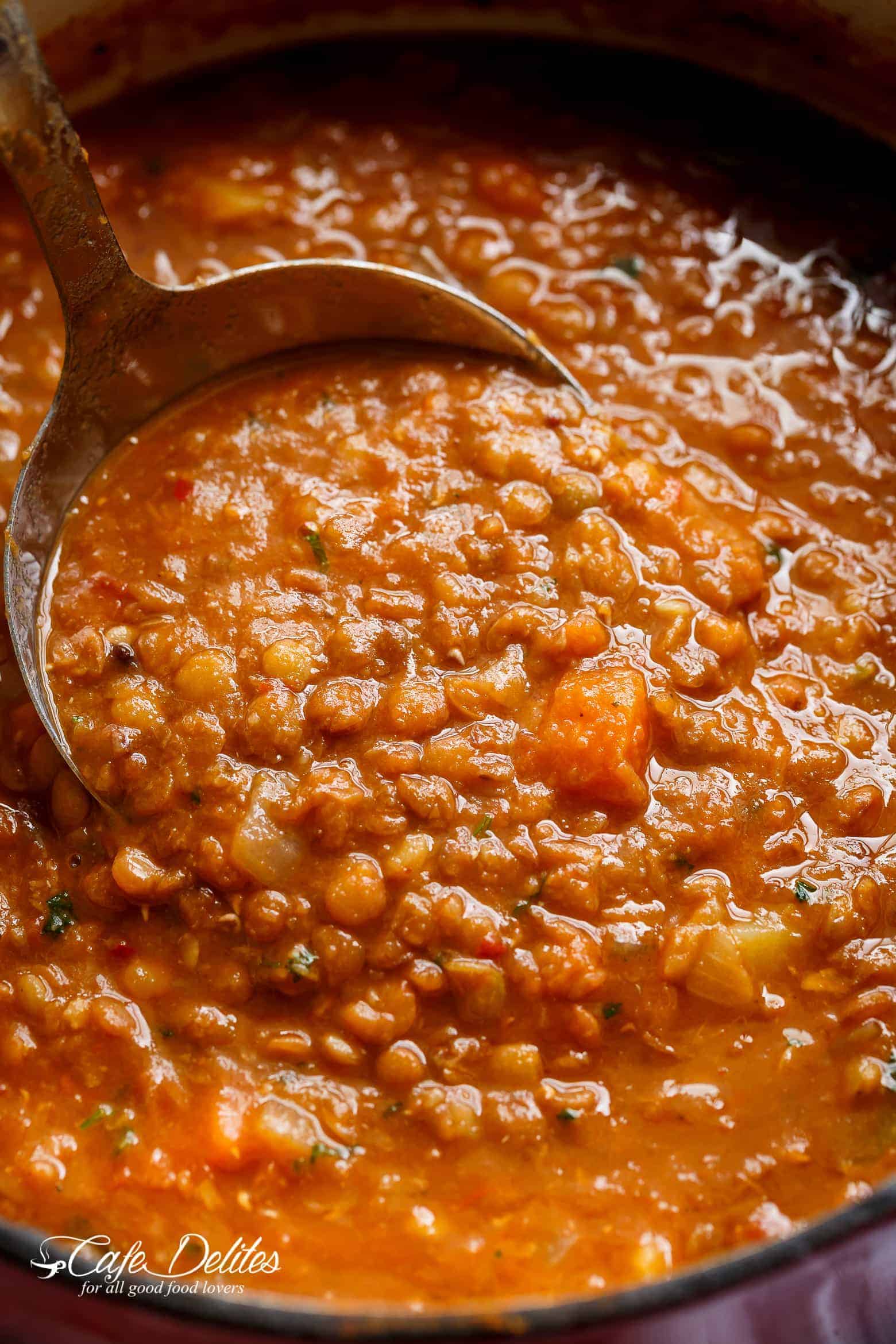 Lentil soup is simple soup to make! Just dump ingredients into a pot and let the stove do the cooking for you! | cafedelites.com