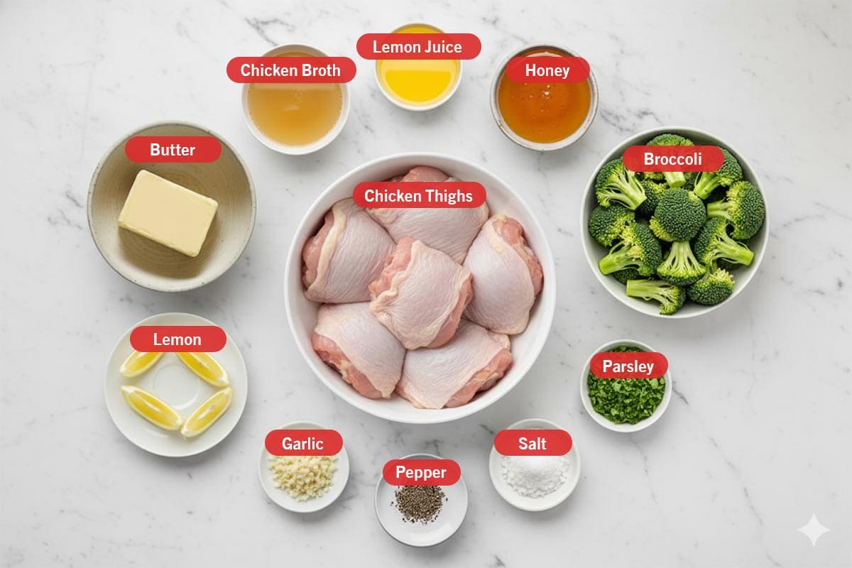 Top shot of ingredients: butter, chicken broth, lemon juice, honey, broccoli, parsley, salt, pepper, garlic, lemon, and chicken thighs.