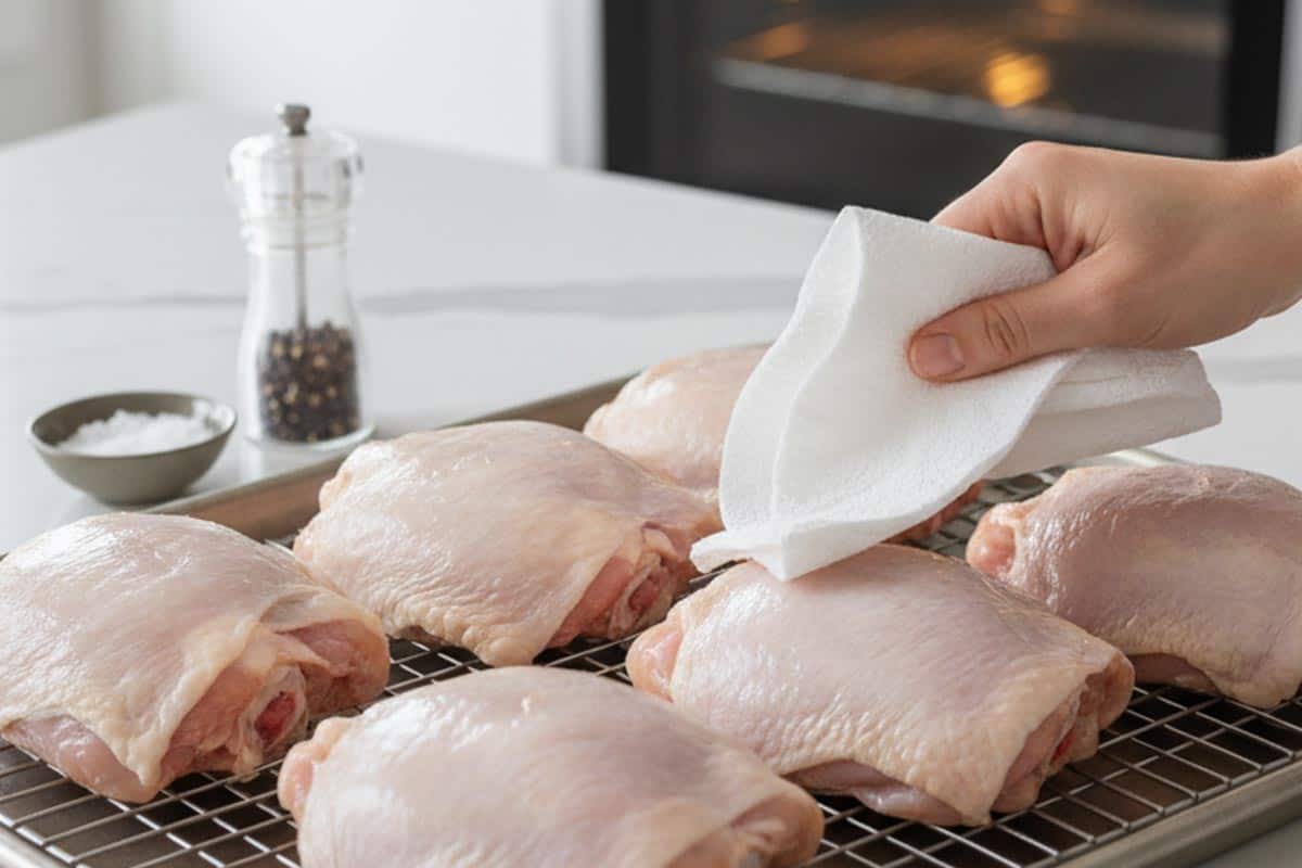 Patting dry the chicken thighs with paper towel.