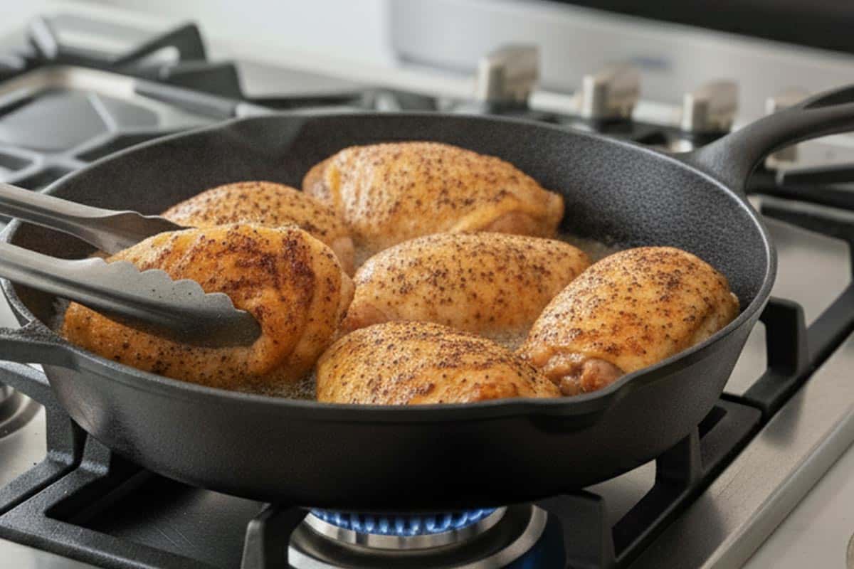 Searing the chicken.