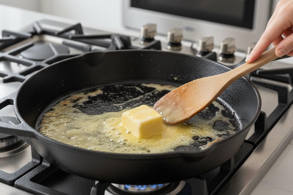 Melting the butter in the pan.