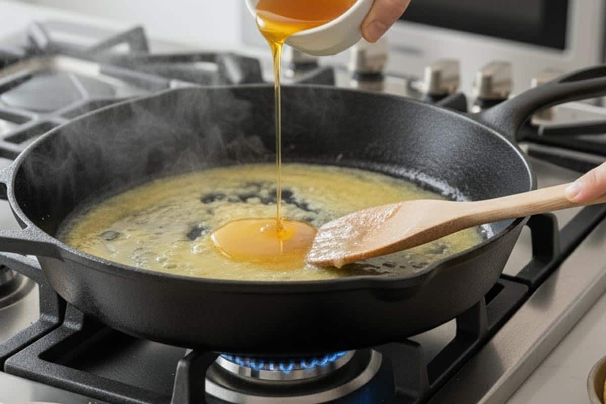 Pouring honey in the pan with honey.