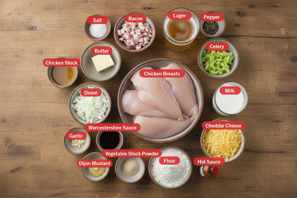 Top shot of ingredients: salt, bacon, lager, pepper, celery, milk, cheddar cheese, hot sauce, flour, vegetable stock powder, dijon mustard, garlic, worcestershire sauce, onion, chicken stock, butter, and chicken breast. - 2