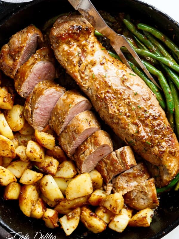 Dijon Garlic Pork Tenderloin & Veggies is a complete meal with crispy potatoes and tender green beans!