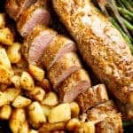One Pan Dijon Garlic Pork Tenderloin & Veggies is a complete meal with crispy potatoes and tender green beans! All of the flavours cook together! | cafedelites.com